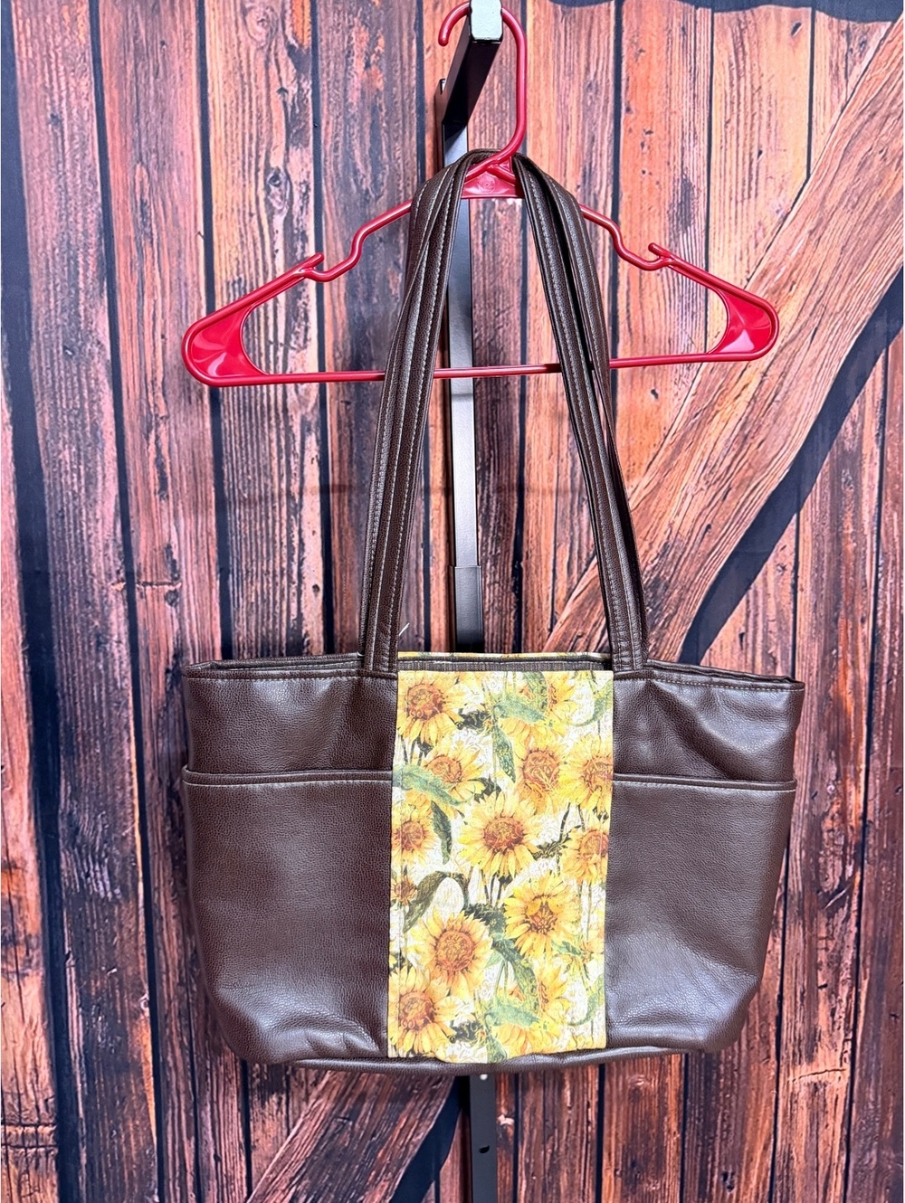 Brown Faux Leather Tote Bag with Sunflower Print Panel